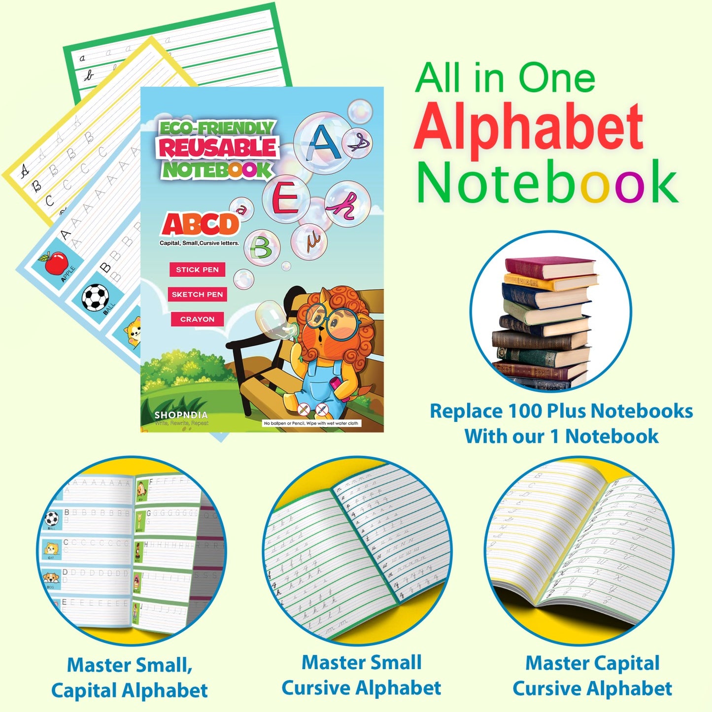 Eco-friendly kids reusable for handwriting improvement - All in one alphabet notebook