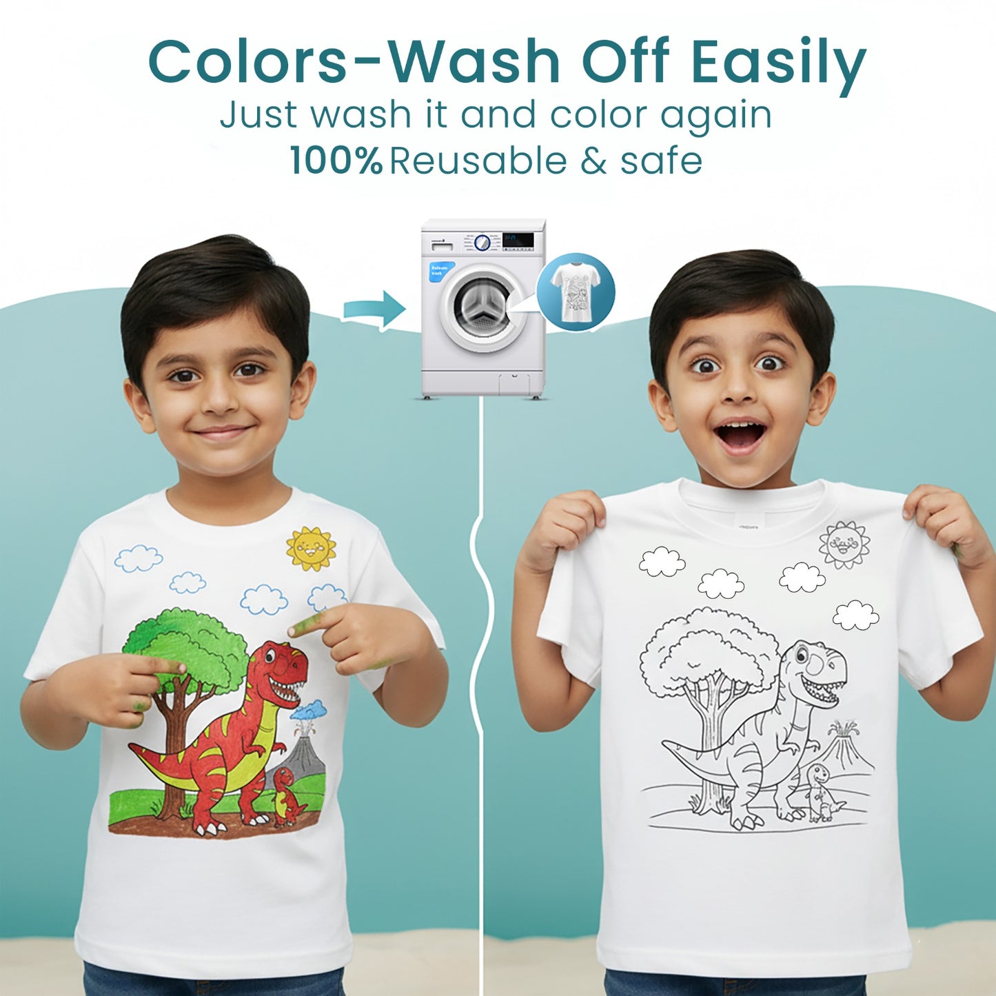 Shopndia Reusable T Shirt , Draw - Wash & Reuse (With FREE Reusable Notebook + Magic 6 Pens)