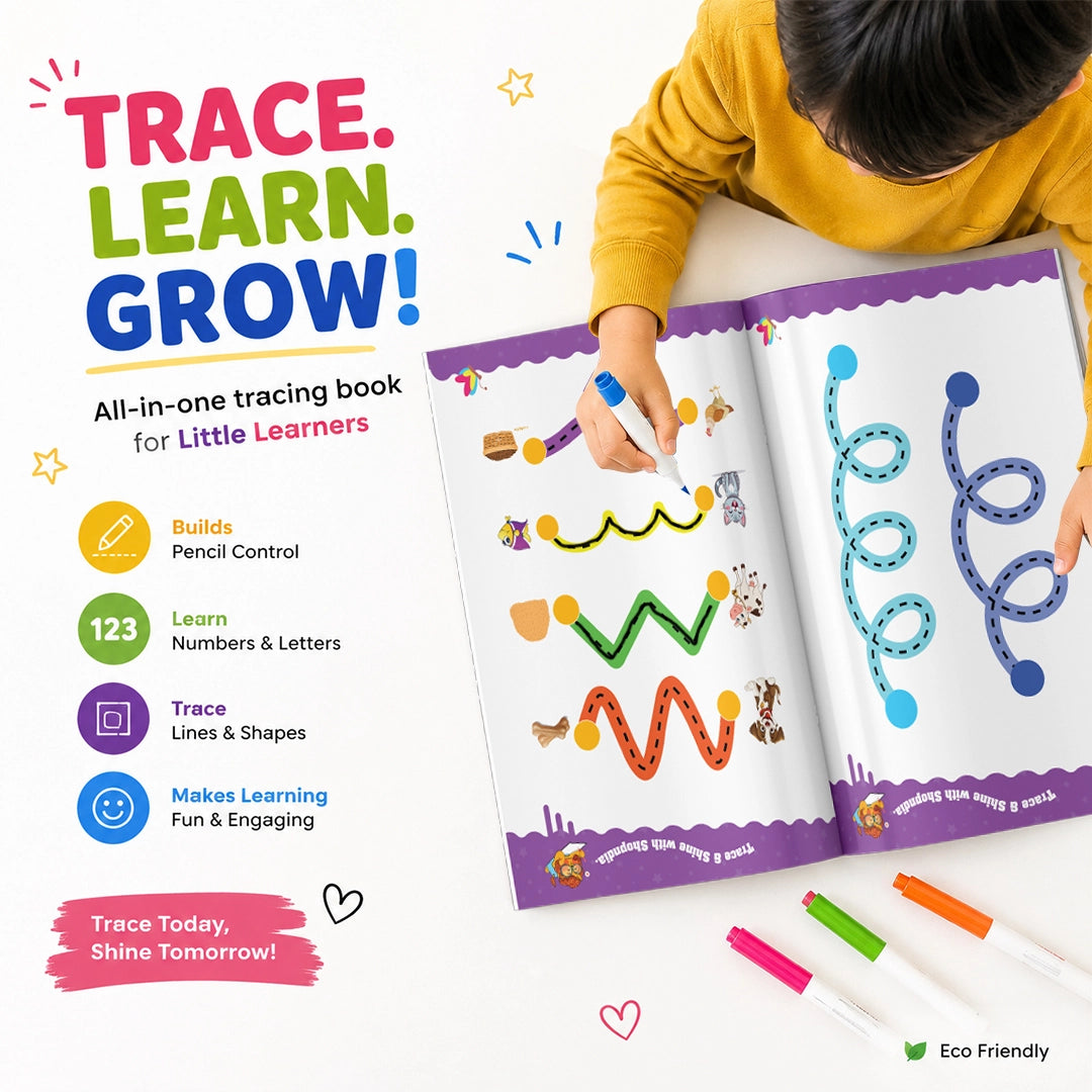 Shopndia Reusable Tracing Line Book for Kids – Letters, Numbers, Shapes & Lines