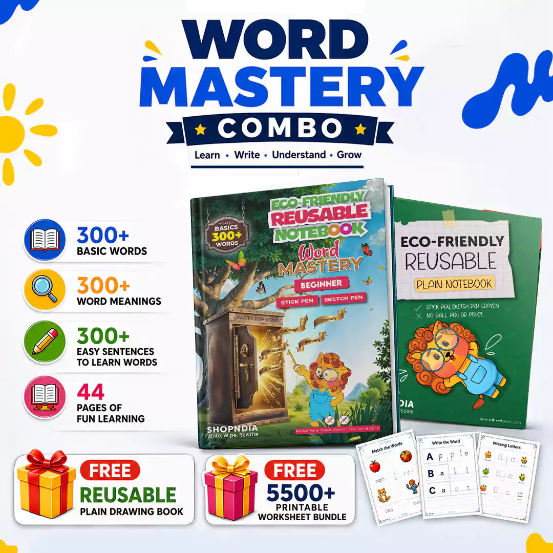 Shopndia™ Ultimate Word Mastery Combo: 4-in-1 Reusable English Learning Set (32-Page Grooved Book + FREE Reusable Drawing Notebook + 5000+ E-Worksheets)